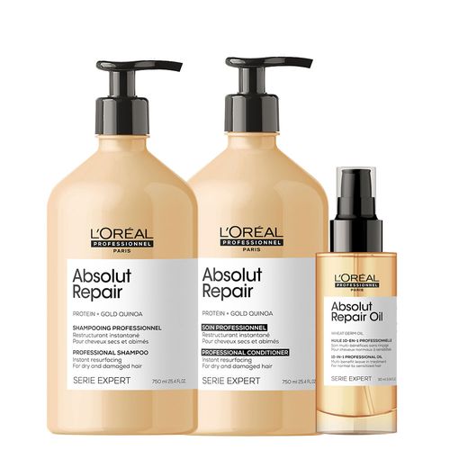 Kit L'Oréal Professionnel Serie Expert Absolut Repair Gold Quinoa - Shampoo 750 ml + Condicionador 750 ml + Óleo 90 ml