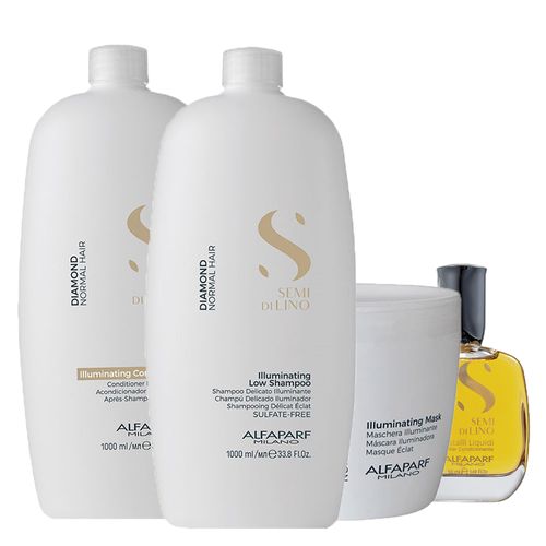 Kit Alfaparf Milano Professional Semi Di Lino Diamond - Shampoo 1000 ml + Condicionador 1000 ml + Máscara 500 ml + Óleo 50 ml - Kit Alfaparf Milano Semi Di Lino Diamond - Shampoo 1000 ml + Condicionador 1000 ml + Máscara 500 ml + Óleo 50 ml