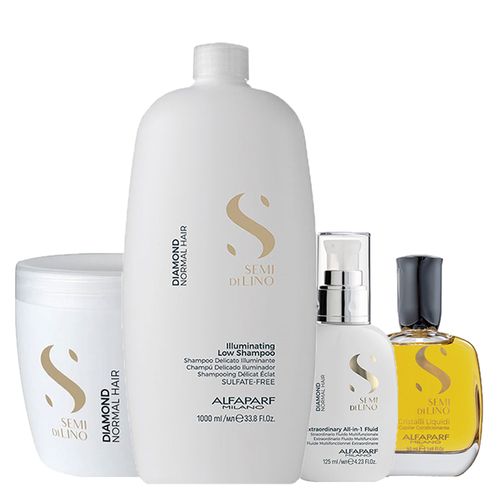 Kit Alfaparf Milano Professional Semi Di Lino Diamond - Shampoo 1000 ml + Máscara 500 ml + Finalizador 125 ml + Óleo 50 ml - Kit Alfaparf Milano Semi Di Lino Diamond - Shampoo 1000 ml + Máscara 500 ml + Finalizador 125 ml + Óleo 50 ml