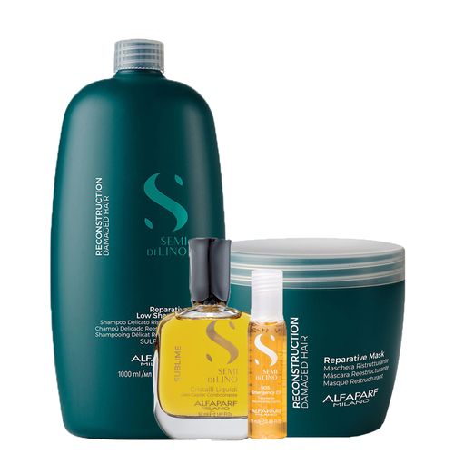 Kit Alfaparf Milano Professional Semi Di Lino Reconstruction - Shampoo 1000 ml + Máscara 500 ml + Óleo 50 ml + Ampola 13 ml - Kit Alfaparf Milano Semi Di Lino Reconstruction - Shampoo 1000 ml + Máscara 500 ml + Óleo 50 ml + Ampola 13 ml