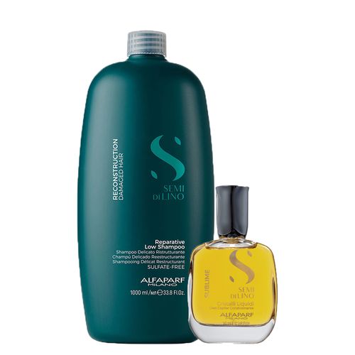Kit Alfaparf Milano Professional Semi Di Lino Reconstruction - Shampoo 1000 ml + Óleo 50 ml - Kit Alfaparf Milano Semi Di Lino Reconstruction - Shampoo 1000 ml + Óleo 50 ml