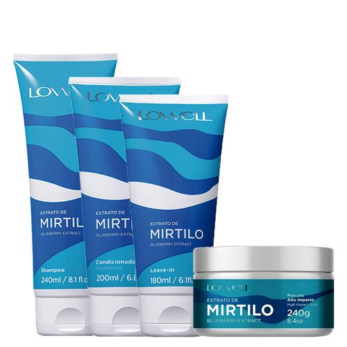 Kit Lowell Extrato de Mirtilo - Shampoo 240 ml + Condicionador 200 ml + Máscara 240 g + Leave-in 180 ml