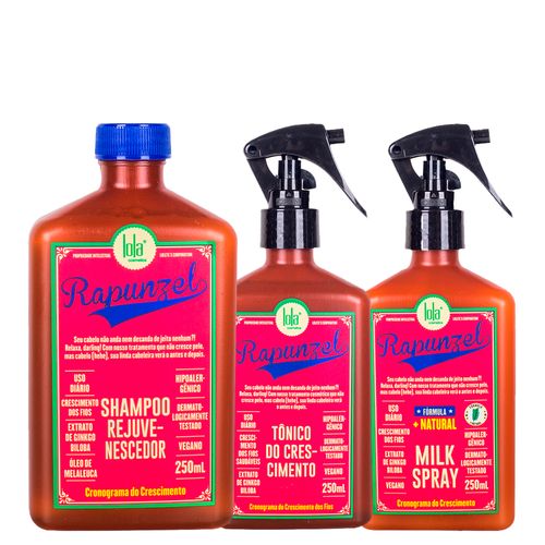 Kit Lola Cosmetics Crescimento Rapunzel - Shampoo 250 ml + Tônico Capilar De Crescimento 250 ml + Leave-in Spray 250 ml