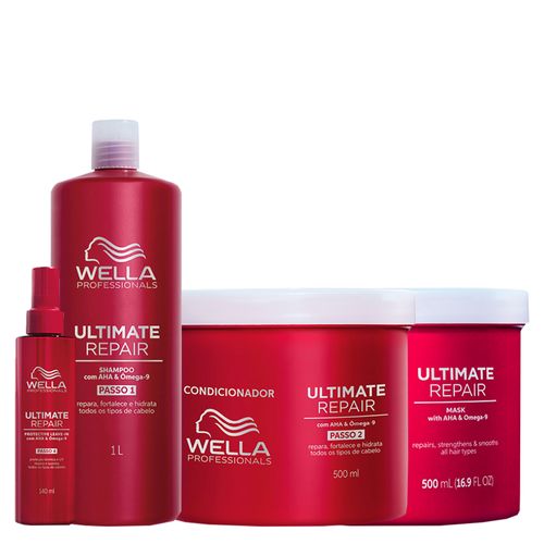 Kit Wella Professionals Ultimate Repair - Shampoo 1000 ml + Condicionador 500 ml + Máscara 500 ml + Leave-In 140 ml - Kit Wella Professionals Ultimate Repair - Shampoo 1000ml + Condicionador 500ml + Máscara 500ml + Leave-In 140ml