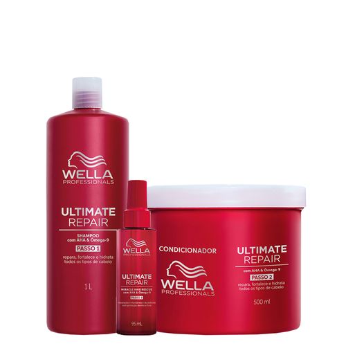 Kit Wella Professionals Ultimate Repair - Shampoo 1000 ml + Condicionador 500 ml + Leave-In 95 ml - Kit Wella Professionals Ultimate Repair - Shampoo 1000ml + Condicionador 500ml + Leave-In 95ml