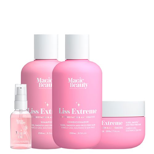 Kit Magic Beauty Liss Extreme - Shampoo 250 ml + Condicionador 250 ml + Máscara 200 g + Sérum Magic Oil 60 ml - Kit Magic Beauty Liss Extreme - Shampoo 250ml + Condicionador 250ml + Máscara 200g + Sérum Magic Oil 60ml