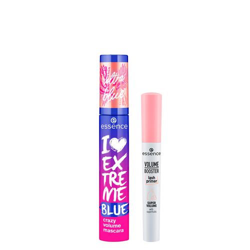 Kit Essence Primer para Cílios Alongadora Volume Branco 7 ml + Máscara de Cílios I Love Extreme Crazy Volume Azul 12 ml