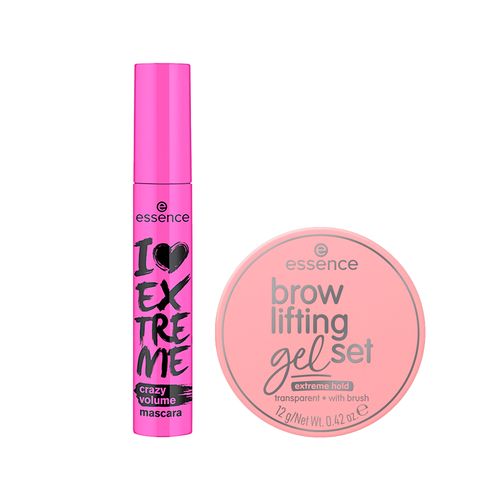 Kit Essence Máscara para Cílios I Love Extreme Crazy Volume Preta 12 ml + Gel de Sobrancelha 12 g