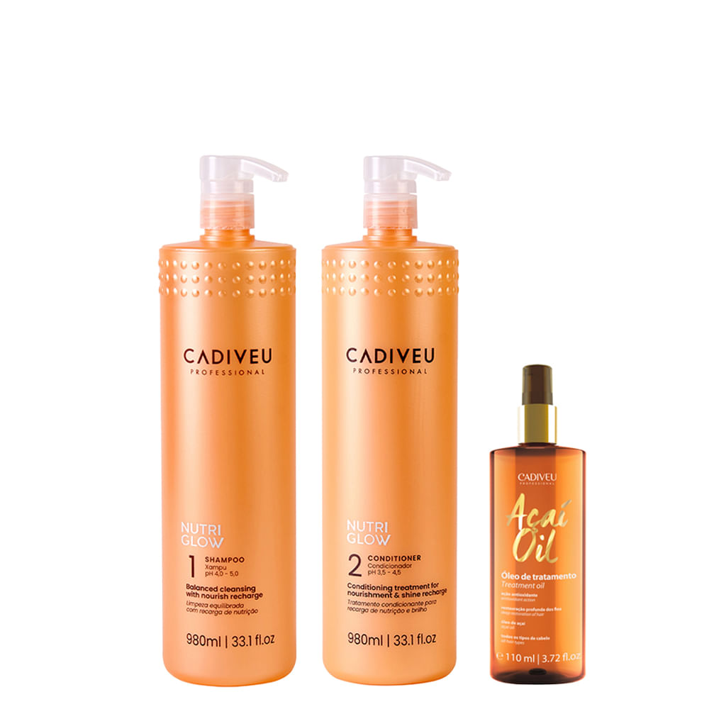 Kit Cadiveu Nutri Glow Shampoo 980ml + Condicionador 980ml + Óleo 110ml Kit