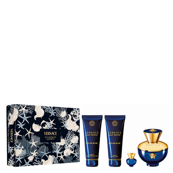 Kit Versace Perfume Dylan Blue Feminino Eau de Parfum 100ml + Gel Corporal 100ml + Loção Corporal 100ml + Miniatura 5ml Kit