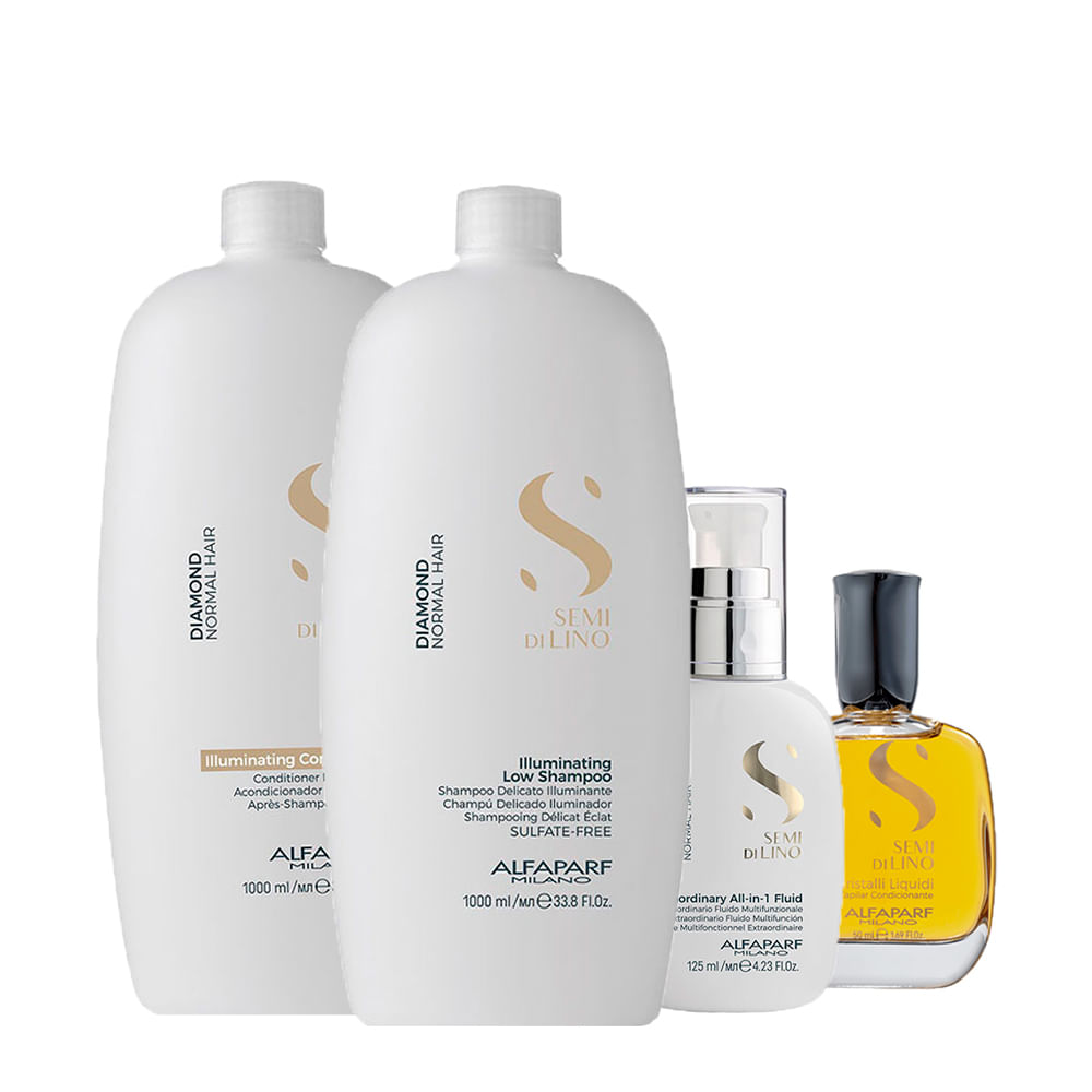 Kit Alfaparf Milano Professional Semi Di Lino Diamond - Shampoo 1000ml + Condicionador 1000ml + Finalizador 125ml + Óleo 50ml
