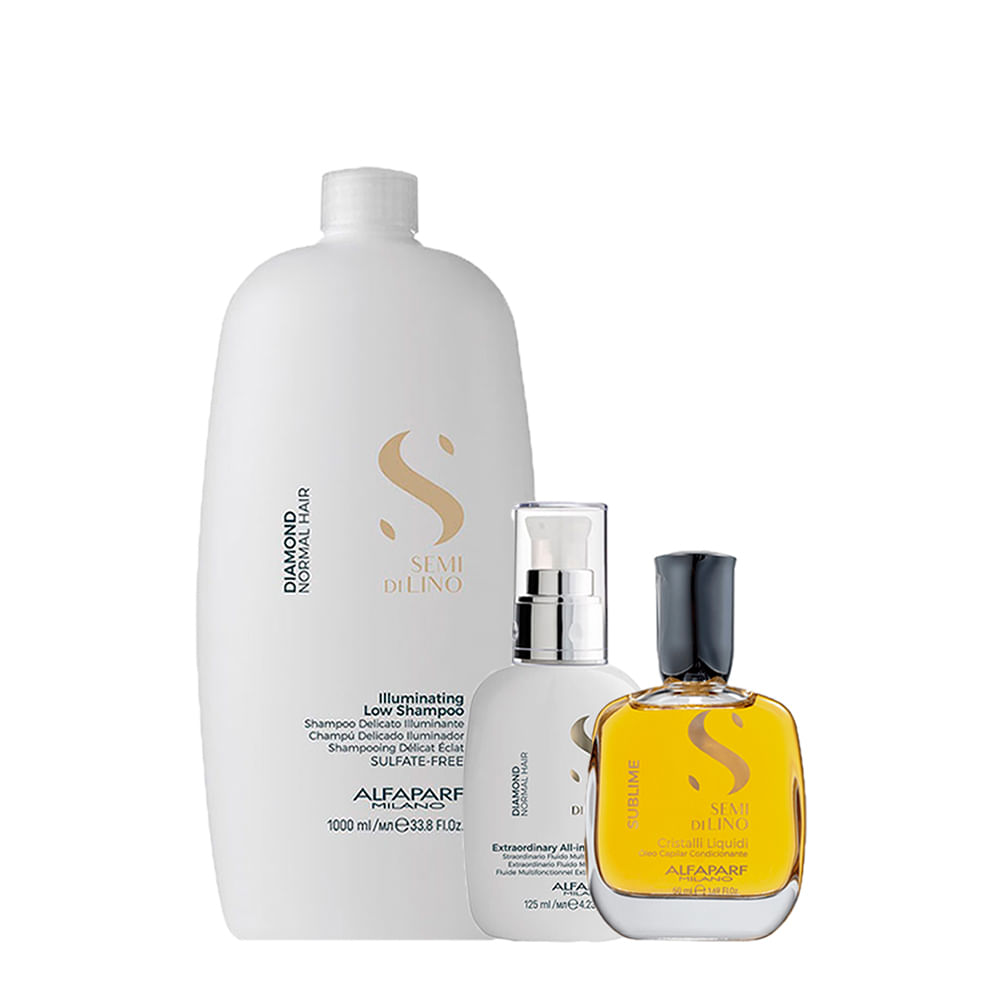 Kit Alfaparf Milano Professional Semi Di Lino Diamond - Shampoo 1000ml + Finalizador 125ml + Óleo 50ml