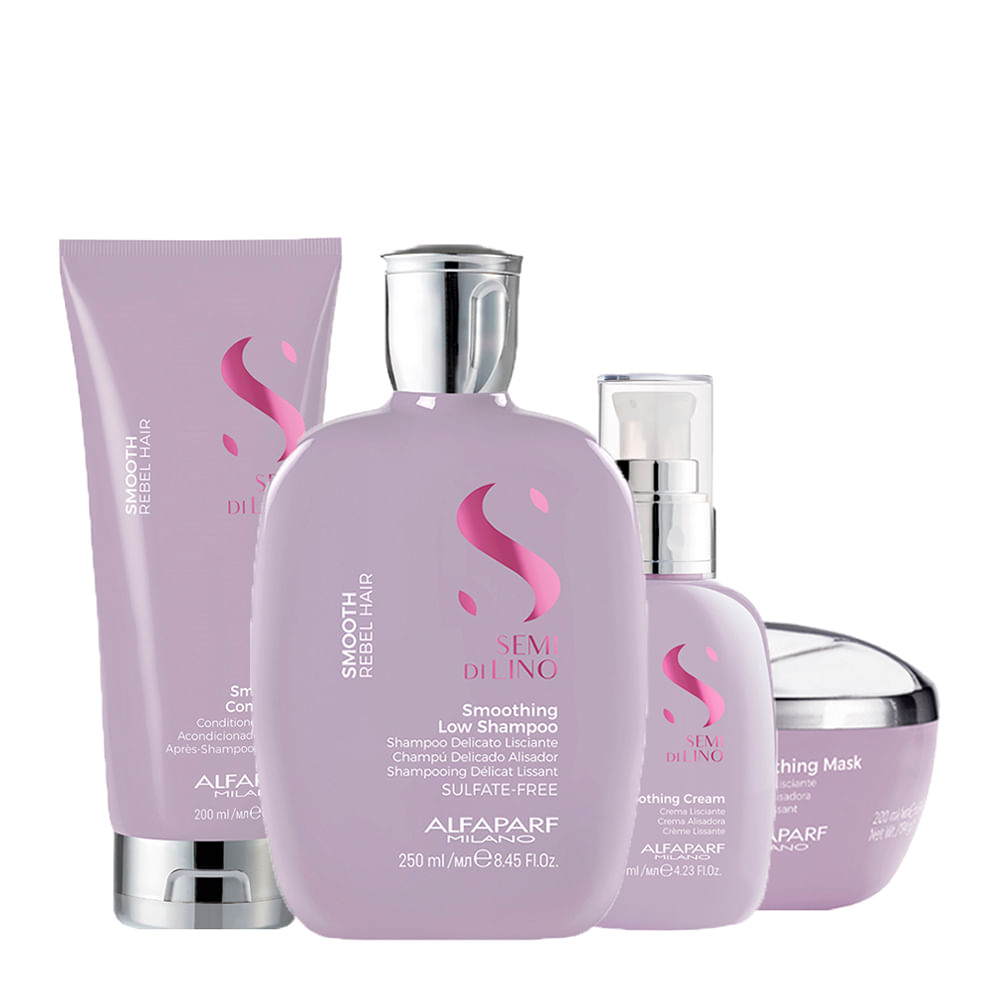 Kit Alfaparf Milano Professional Semi Di Lino Smooth Smoothing - Shampoo 250ml + Condicionador 200ml + Máscara 200ml + Creme 125ml