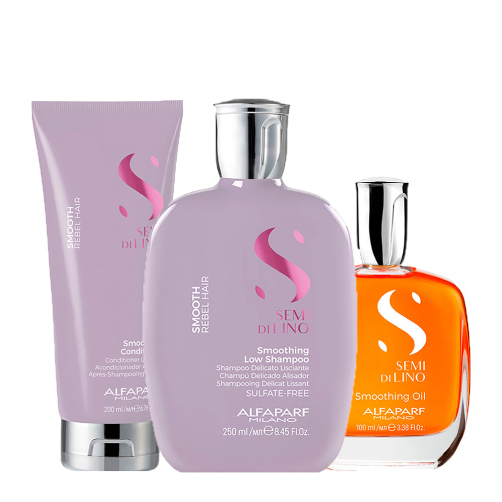 Kit Alfaparf Milano Professional Semi Di Lino Smooth Smoothing - Shampoo 250ml + Condicionador 200ml + Óleo 100ml