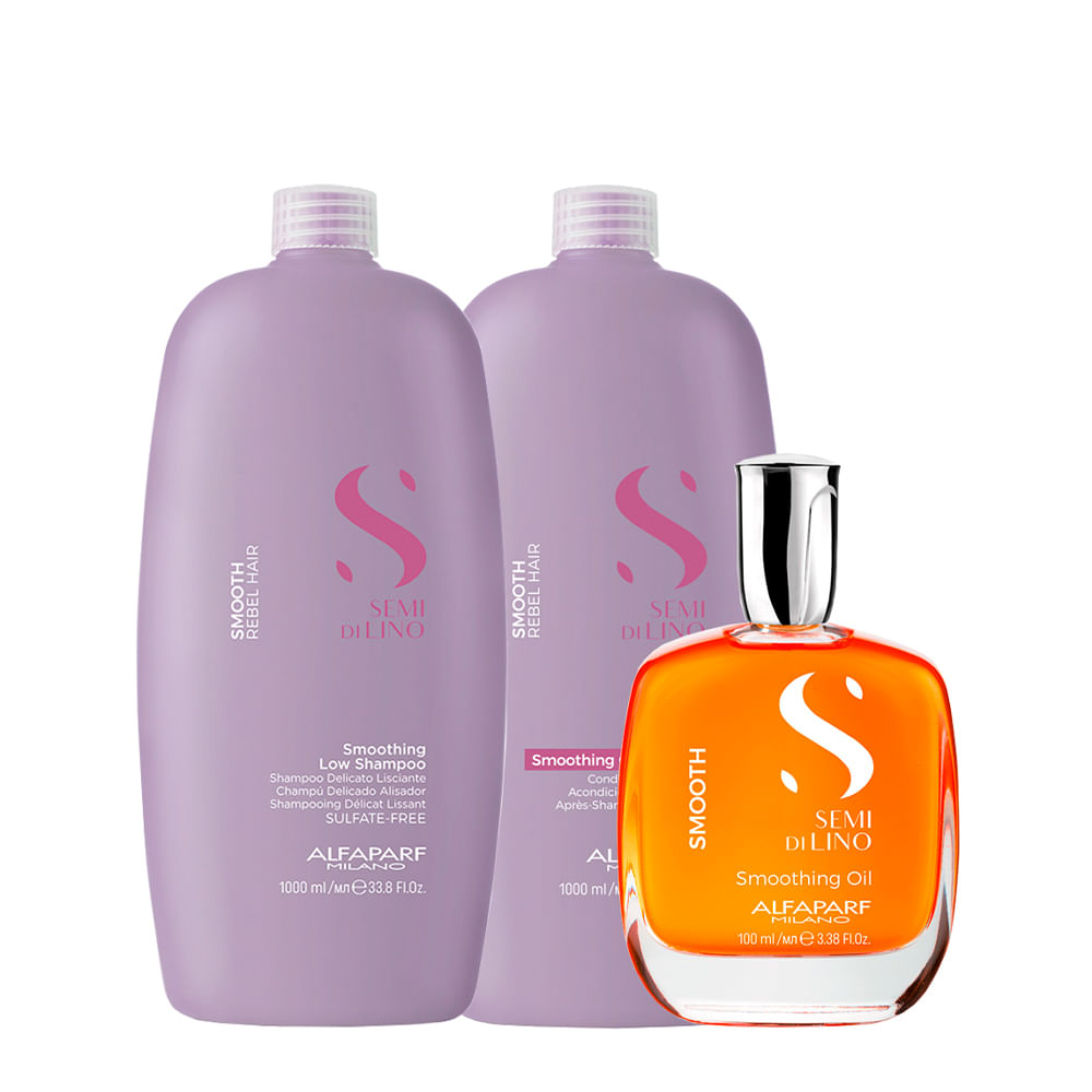 Kit Alfaparf Milano Professional Semi Di Lino Smooth Smoothing - Shampoo 1000ml + Condicionador 1000ml + Óleo 100ml