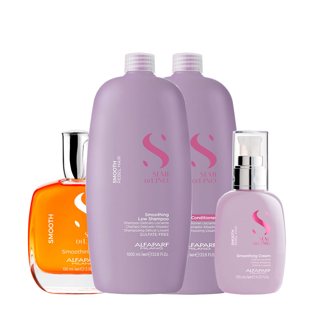 Kit Alfaparf Milano Professional Semi Di Lino Smooth Smoothing - Shampoo 1000ml + Condicionador 1000ml + Creme 125ml + Óleo 100ml