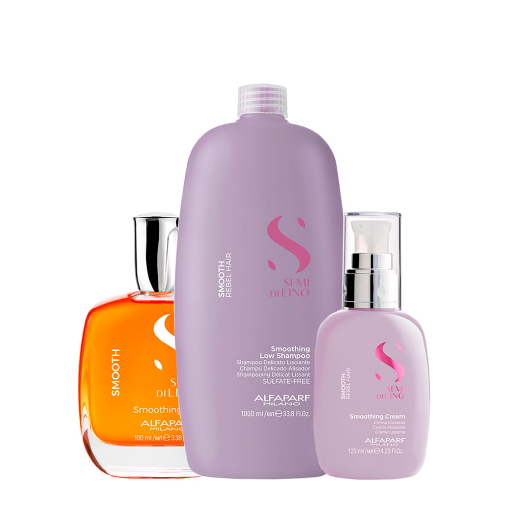 Kit Alfaparf Milano Professional Semi Di Lino Smooth Smoothing - Shampoo 1000ml + Creme 125ml + Óleo 100ml