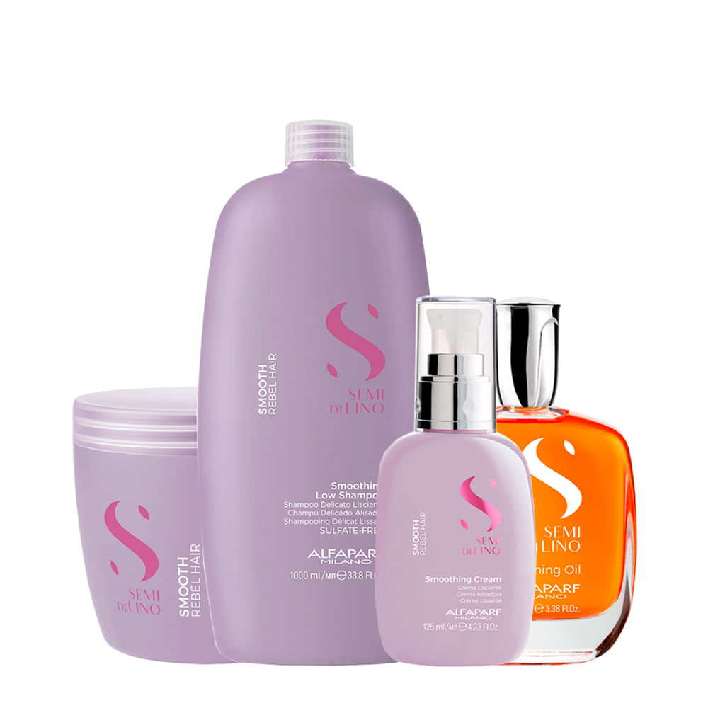 Kit Alfaparf Milano Professional Semi Di Lino Smooth Smoothing - Shampoo 1000ml + Máscara 500ml + Creme 125ml + Óleo 100ml