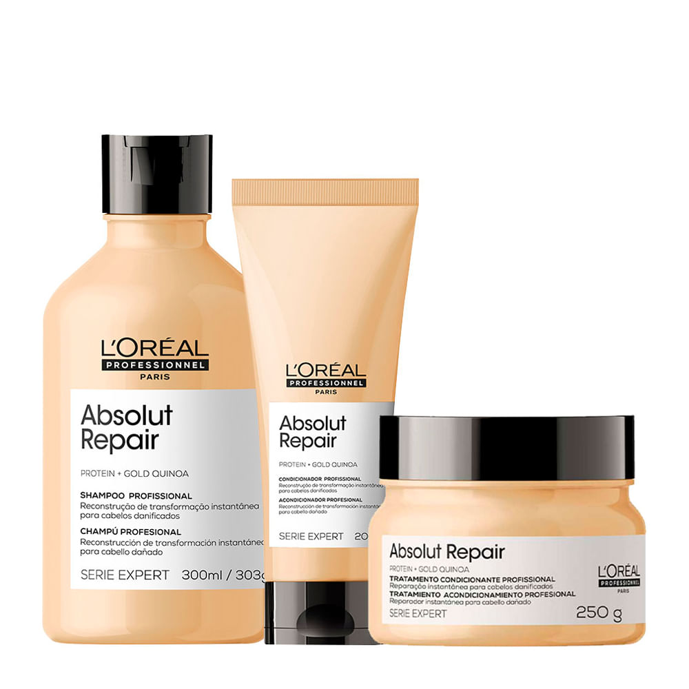 Kit L'Oréal Professionnel Serie Expert Absolut Repair Gold Quinoa - Shampoo 300ml + Condicionador 200ml + Máscara Reparação 250g