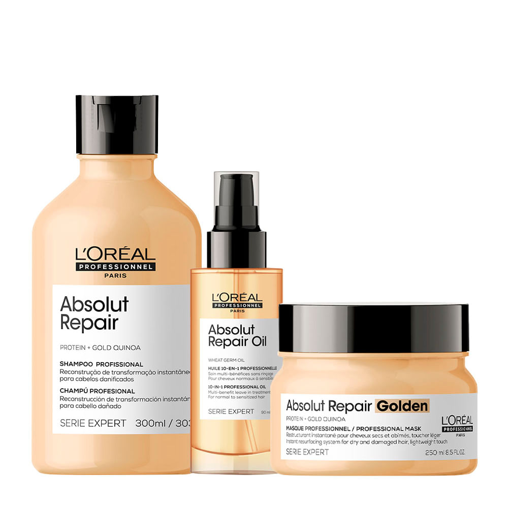 Kit L'Oréal Professionnel Serie Expert Absolut Repair Gold Quinoa - Shampoo 300ml + Máscara Reparação 250g + Óleo 90ml