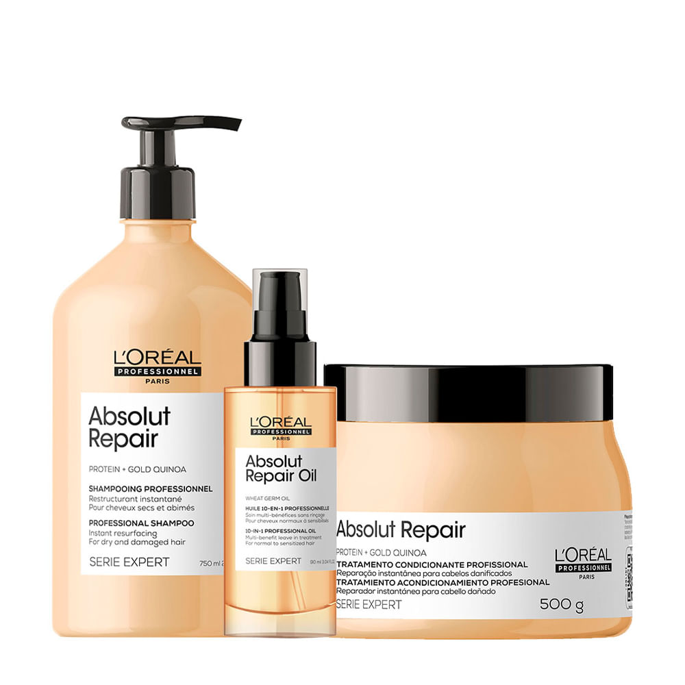 Kit L'Oréal Professionnel Serie Expert Absolut Repair Gold Quinoa - Shampoo 750ml + Máscara Reparação 500g + Óleo 90ml
