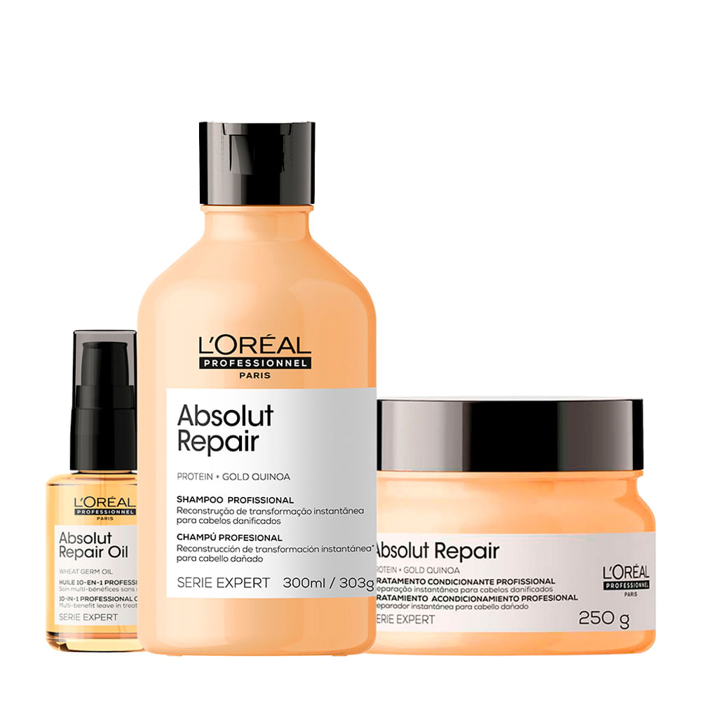 Kit L'Oréal Professionnel Serie Expert Absolut Repair Gold Quinoa - Shampoo 300ml + Máscara de Reparação 250g + Óleo Capilar 30ml