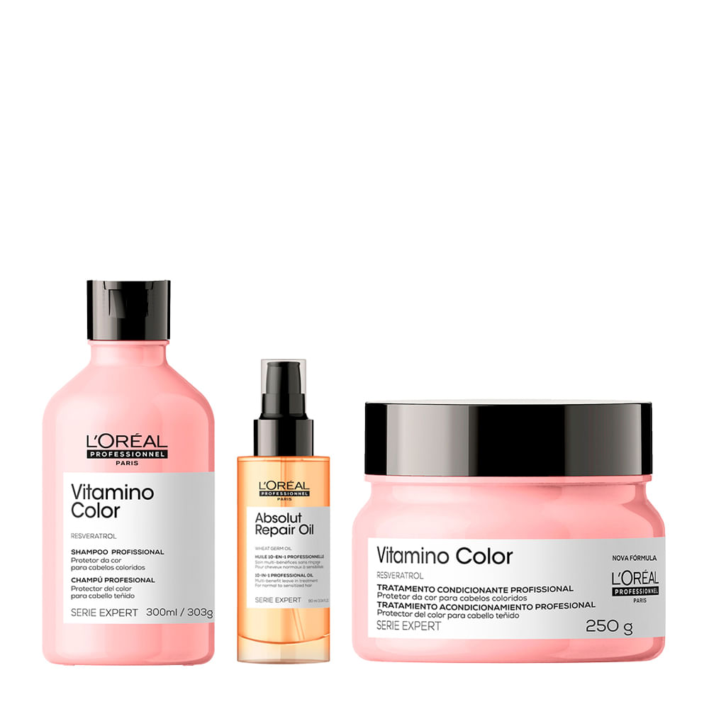 Kit L'Oréal Professionnel Shampoo Serie Expert Vitamino Color 300ml + Máscara para Cuidado Da Cor 250g + Óleo Capilar Absolut Repair 90ml