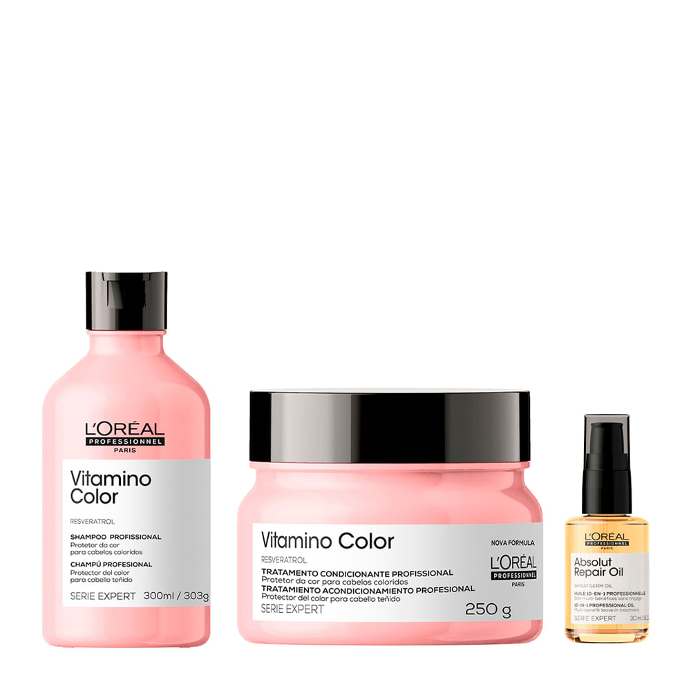 Kit L'Oréal Professionnel Shampoo Serie Expert Vitamino Color 300ml + Máscara para Cuidado da Cor 250g + Óleo Capilar Absolut Repair Gold Quinoa 30ml