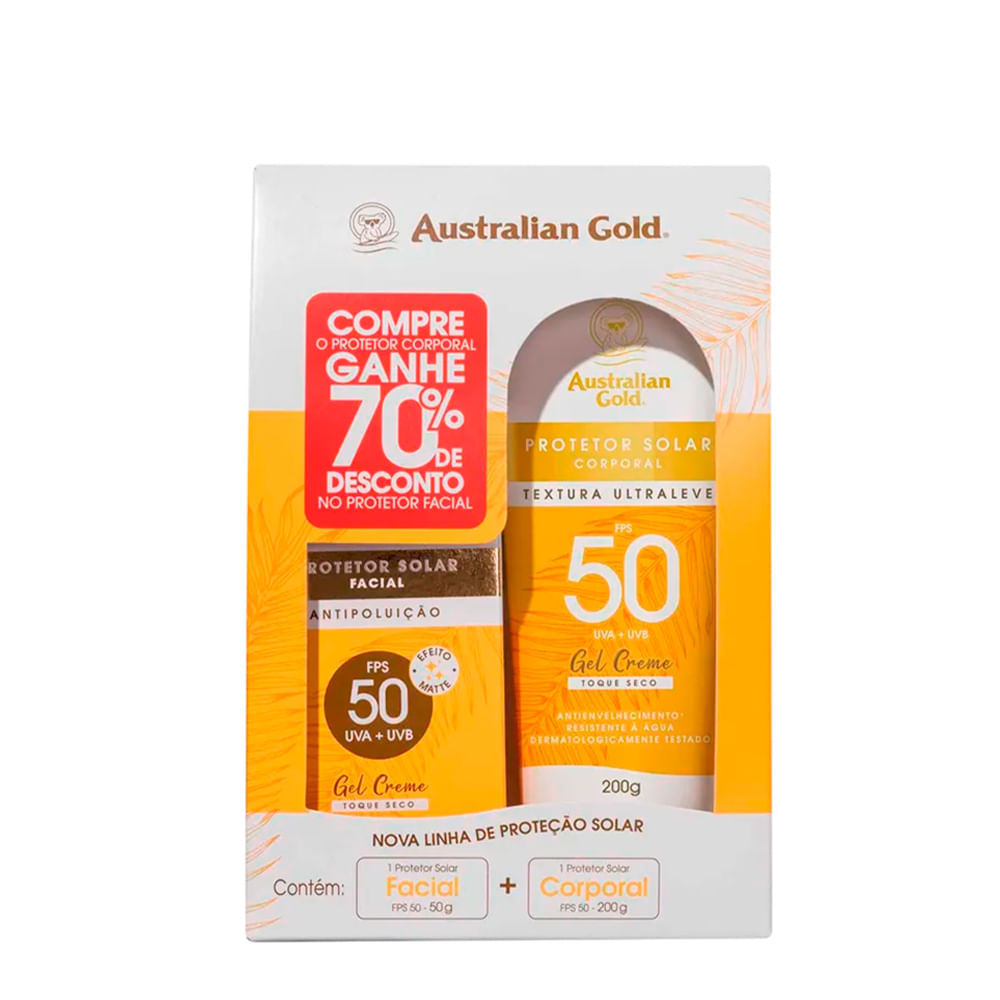 Kit Protetor Solar Australian Gold - Protetor Facial Fps 50 50g + Protetor Corporal Gel Creme Fps 50 200g