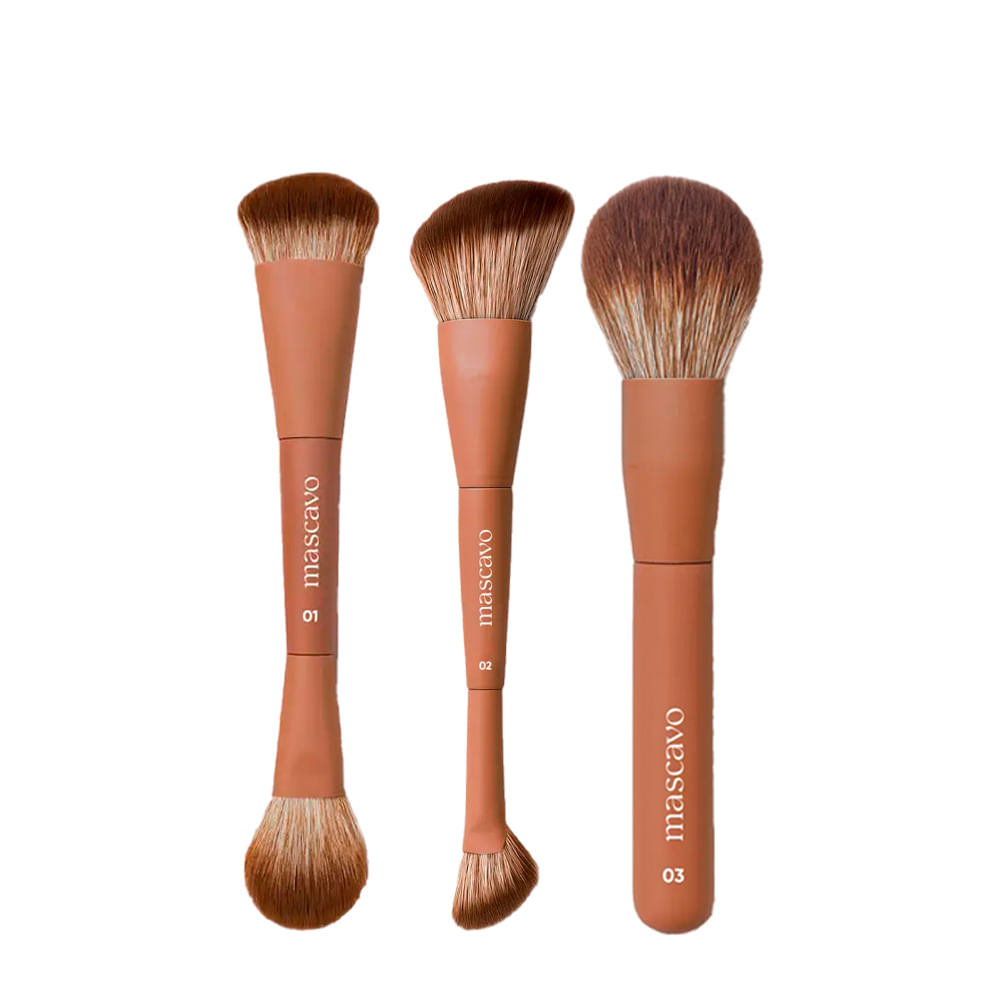 Kit Mascavo Pro Series Pincel de Maquiagem Duplo para Rosto + Duplo Angular + Multifuncional Rosto