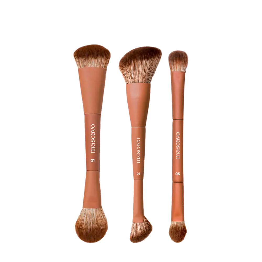 Kit Mascavo Pro Series Pincel de Maquiagem Duplo para Rosto + Duplo Angular + Duplo para Sombra