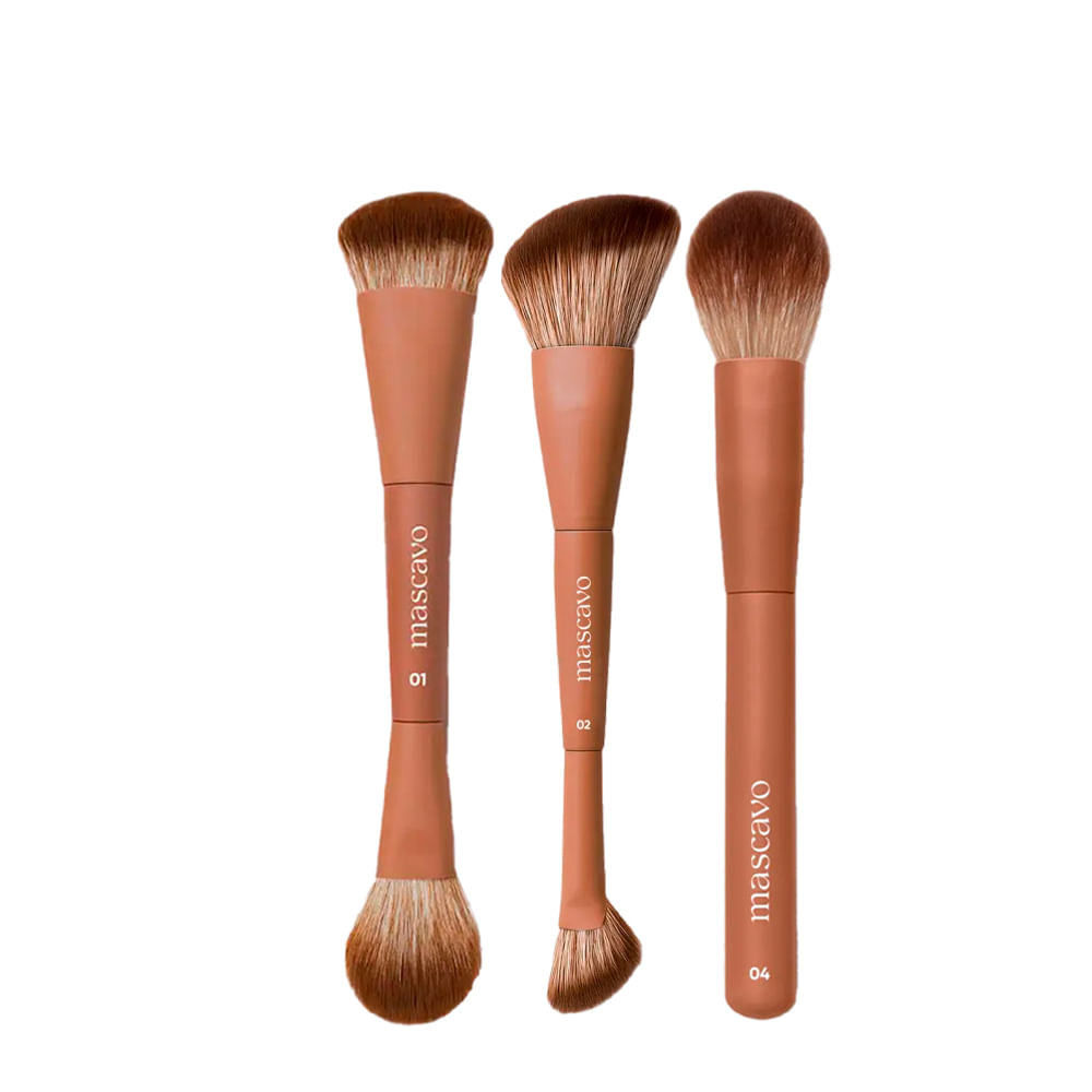 Kit Mascavo Pro Series Pincel de Maquiagem Duplo para Rosto + Duplo Angular + Acabamento e Retoque
