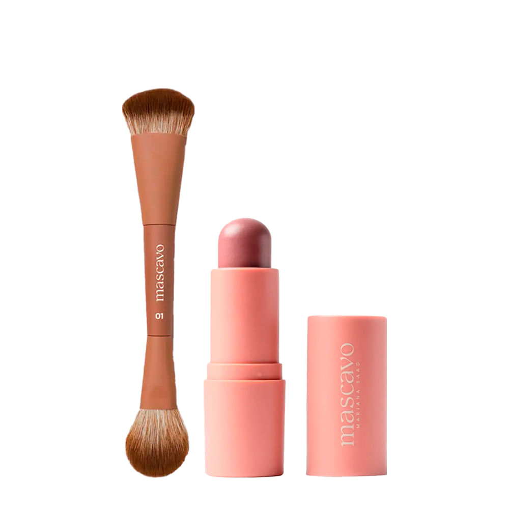 Kit Mascavo Pro Series Pincel de Maquiagem Duplo para Rosto + Flush Blush Bastão Oak 6g