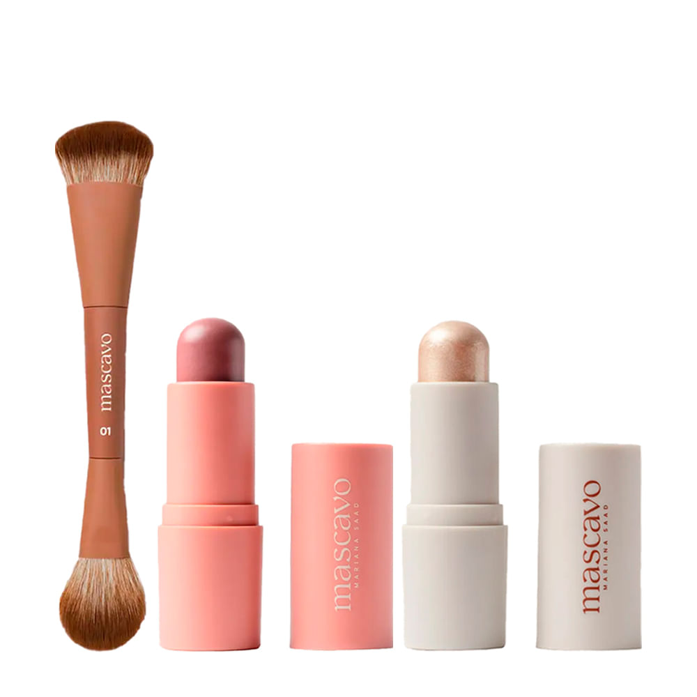 Kit Mascavo Pro Series Pincel de Maquiagem Duplo para Rosto + Blush Oak 6g + Iluminador Champagne 6g
