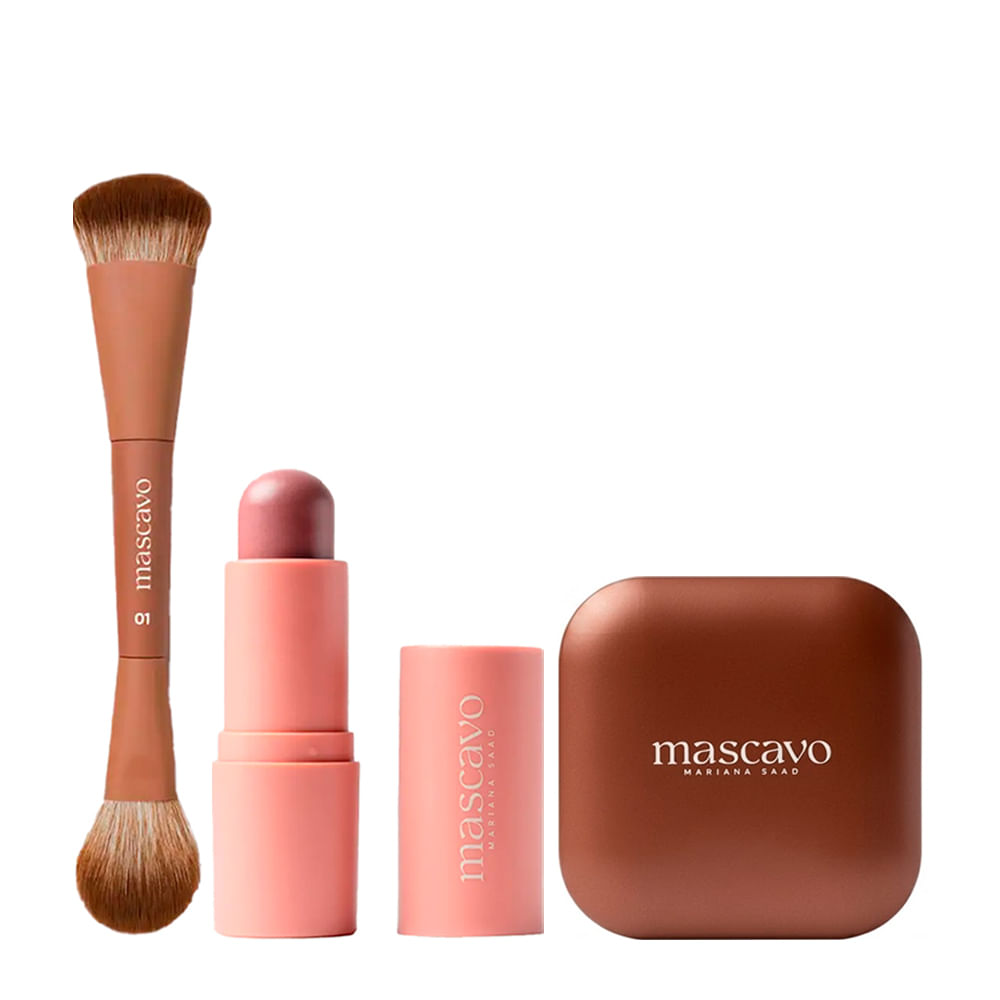 Kit Mascavo Pro Series Pincel de Maquiagem Duplo para Rosto + Blush Oak 6g + Bronzer Sunset 8g