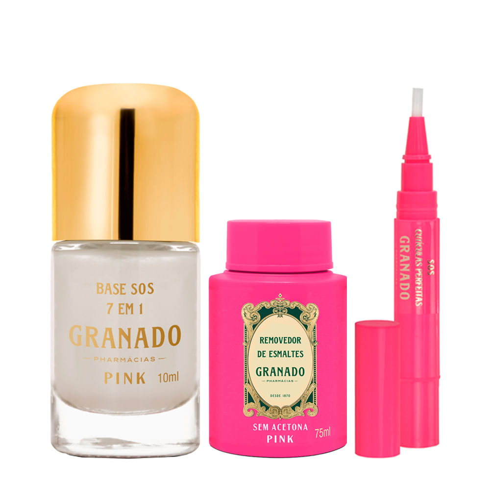 Kit Granado Pink Sos 7 em 1 Base para Unhas 10ml + Caneta Hidratante para Cutículas  3,5g + Removedor de Esmalte 75ml