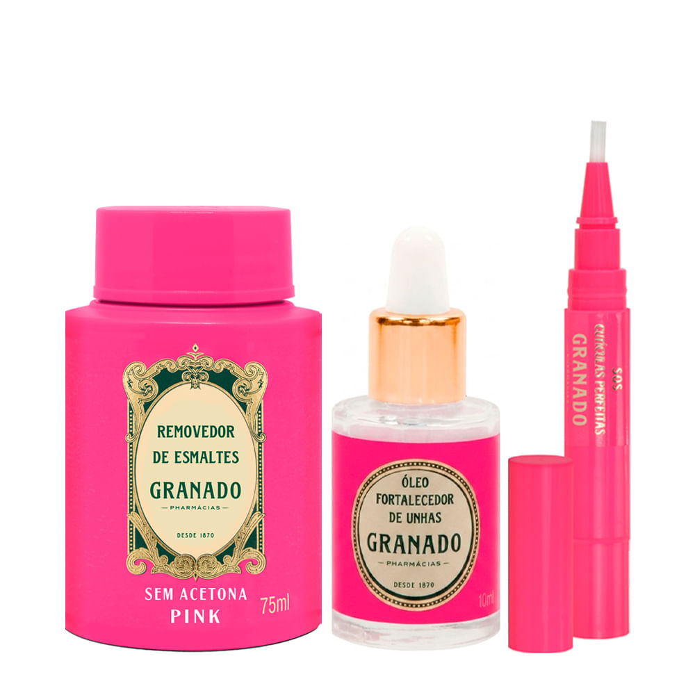 Kit Granado Pink Fortalecedor de Unha Óleo 10ml + Caneta para Cutículas  3,5g + Removedor de Esmalte 75ml