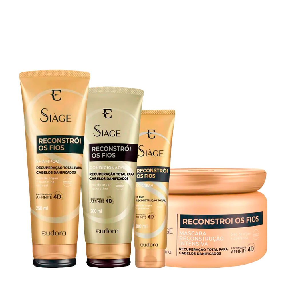 Kit Eudora Siàge Reconstrói os Fios 4D - Shampoo 250ml + Condicionador 200ml + Máscara de Reconstrução 250g + Cc Cream 100ml