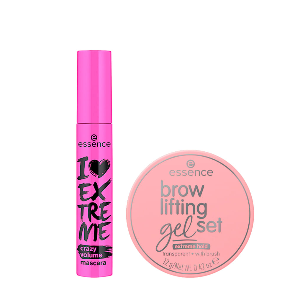Kit Essence Máscara para Cílios I Love Extreme Crazy Volume Preta 12ml + Gel de Sobrancelha