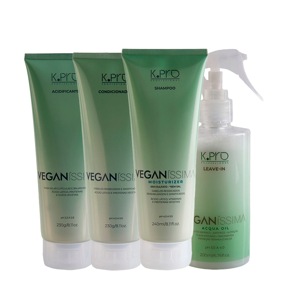Kit K-Pro Profissional Veganissima - Shampoo 240ml + Condicionador 230g + Leave-In 200ml + Acidificante 230g