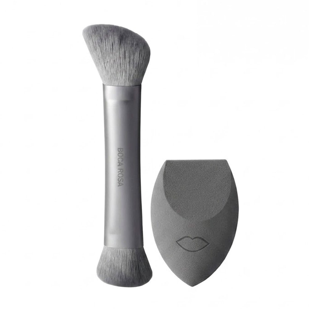 Kit Boca Rosa Acessórios Duo 1 Pincel + Esponja para Maquiagem Cinza