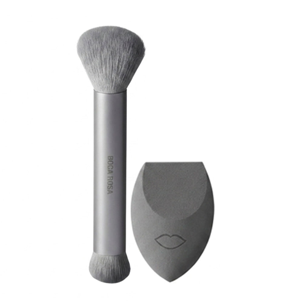 Kit Boca Rosa Acessórios Duo 2 Pincéis + Esponja para Maquiagem Cinza
