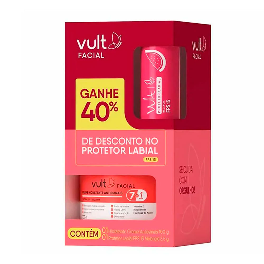 Kit Vult Facial Creme Hidratante Antissinais 100g + Protetor Labial Fps15 Melancia 3,5g