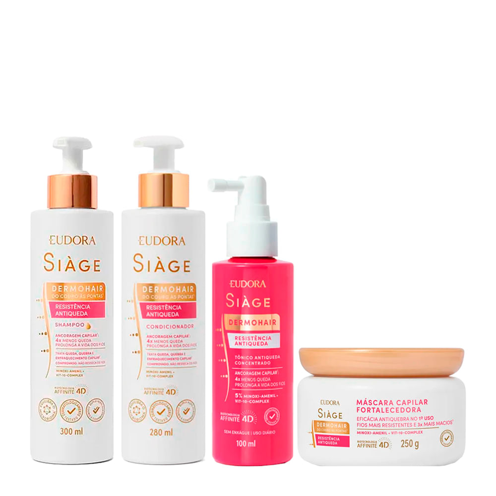 Kit Eudora Siàge Resistência Antiqueda Shampoo 300ml + Máscara 250g + Tônico 100ml + Condicionador 280ml Kit