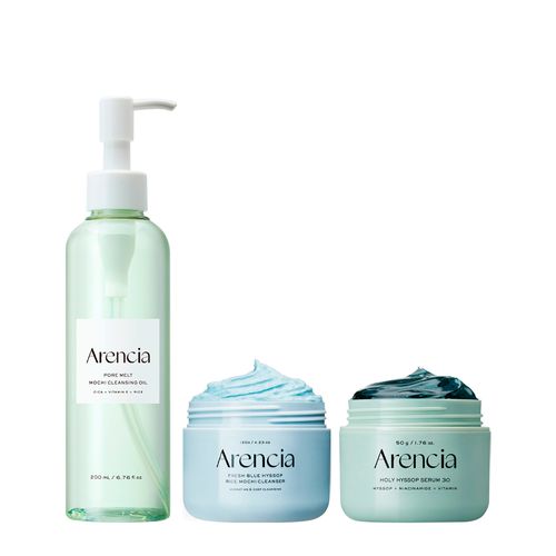 Kit Arencia Facial - Máscara de Limpeza Rice Mochi Blue Hyssop 120g + Sérum Holy Hyssop 30 50g + Óleo de Limpeza Pore Melt Mochi 200ml