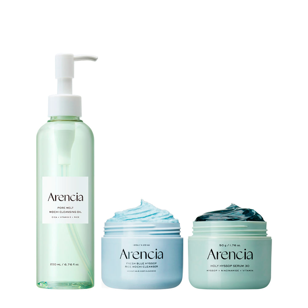 Kit Arencia Facial - Máscara de Limpeza Rice Mochi Blue Hyssop 120g + Sérum Holy Hyssop 30 50g + Óleo de Limpeza Pore Melt Mochi 200ml